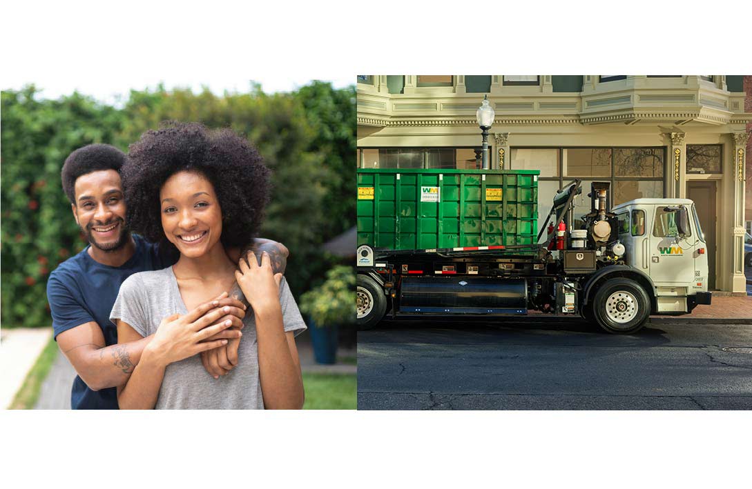 Photo of a couple next to a photo of a Waste Management collection vehicle.