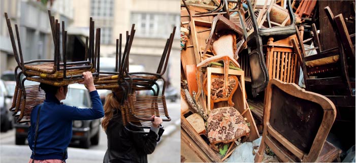 A photo of two people carrying chairs over their head next to a photo of old chairs in a pile. 