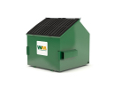 A Waste Management dumpster with a black lid.