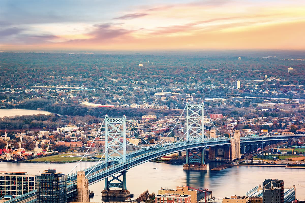 Ben Franklin Bridge between Philadelphia and Camden. WM provides dumpster services throughout New Jersey.