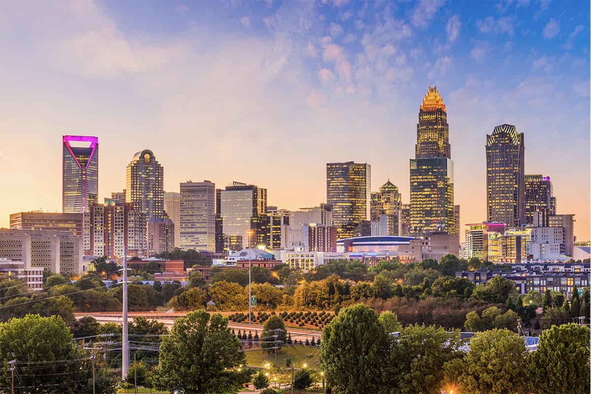 Charlotte skyline. WM proudly serves Charlotte and other North Carolina areas with dumpster services.