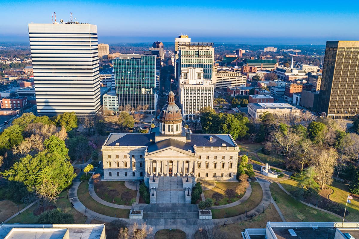 Columbia, South Carolina skyline. WM offers trash and dumpster support services in the Columbia area.