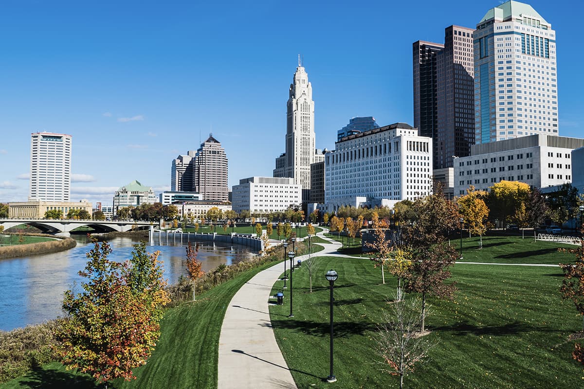 Columbus Ohio skyline and Scioto River. WM provides garbage, trash and dumpster services to Columbus.