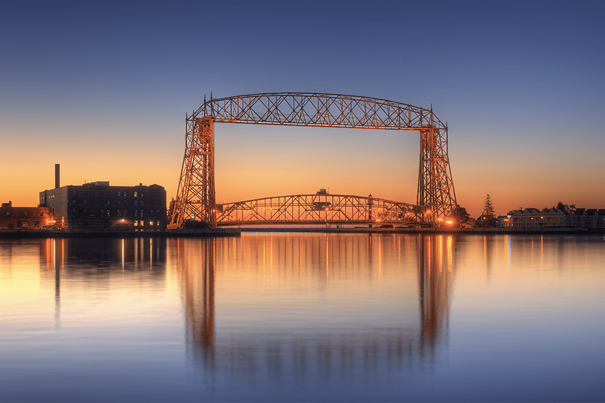 Aerial Lift Bridge over Lake Superior. WM provides trash and dumpster services in Duluth and neighboring areas.