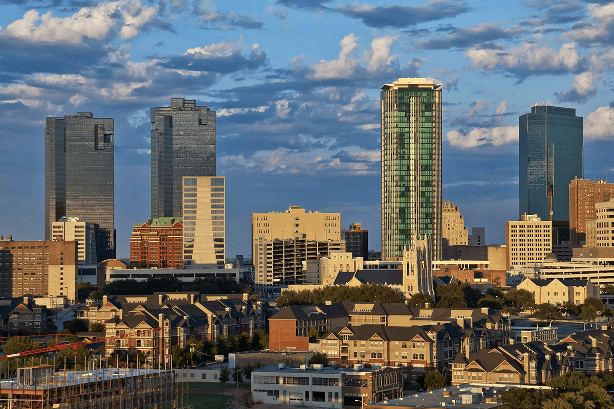 Fort Worth skyline. We're Fort Worth Proud at WM. We offer dumpster services in and around Fort Worth.