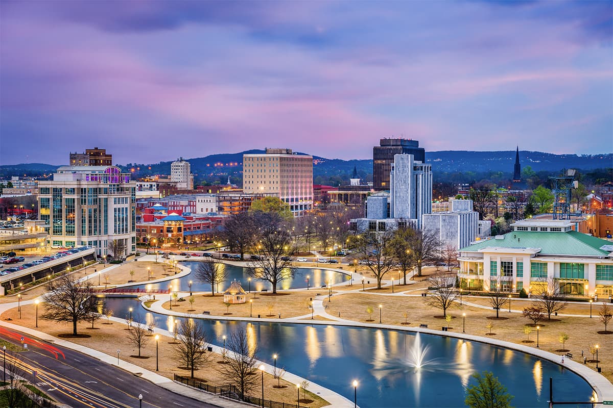 Huntsville, Alabama skyline. WM provides trash and dumpster services to Huntsville and surrounding towns.